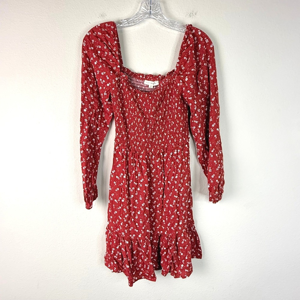 L.A. Hearts Dress Womens Small Red Floral Smocked Long Sleeve Square Neck Mini